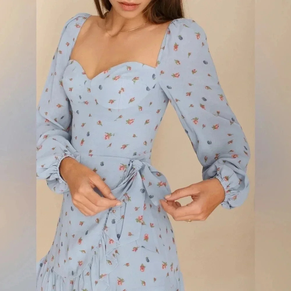 Reformation Cammi Blue Floral Mini Dress size 6 B2155 - Picture 4 of 8